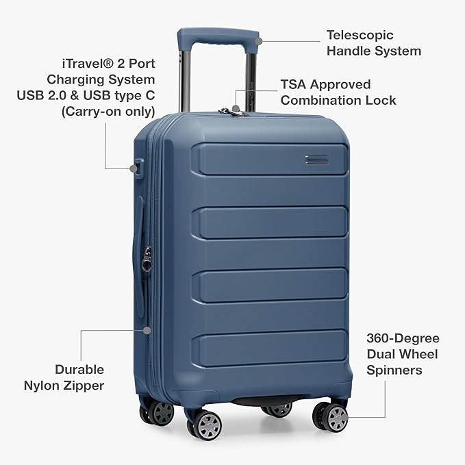 Traveler's Choice Pagosa Indestructible Hardshell Expandable Spinner Luggage, Slate Blue, 3-Piece Set (22/26/30)