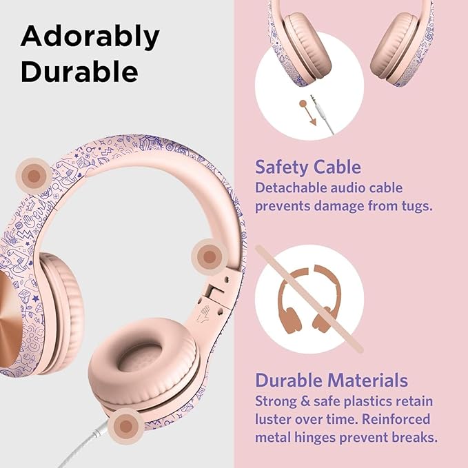LilGadgets Connect+ Pro Wired Kids Headphones for School with Microphone, Volume Limiting Over-Ear Headset with Cord, SharePort Technology & SoftTouch Padding, Girl Power