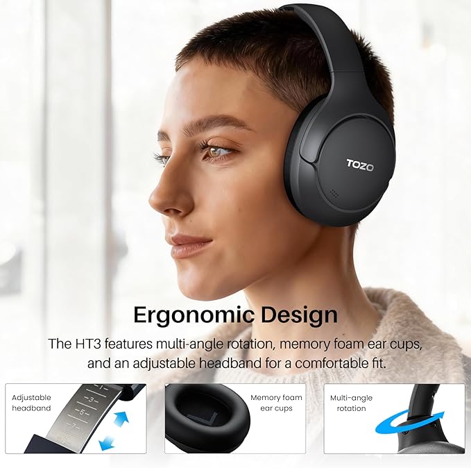 TOZO HT3 Hybrid Noise Cancelling Headphones, 90H Playtime Wireless Over Ear Bluetooth Headset, Spatial Audio AI Chat with 5 Mics, Supports Dual Connection and USB-C Input, with 32 EQ Music Modes