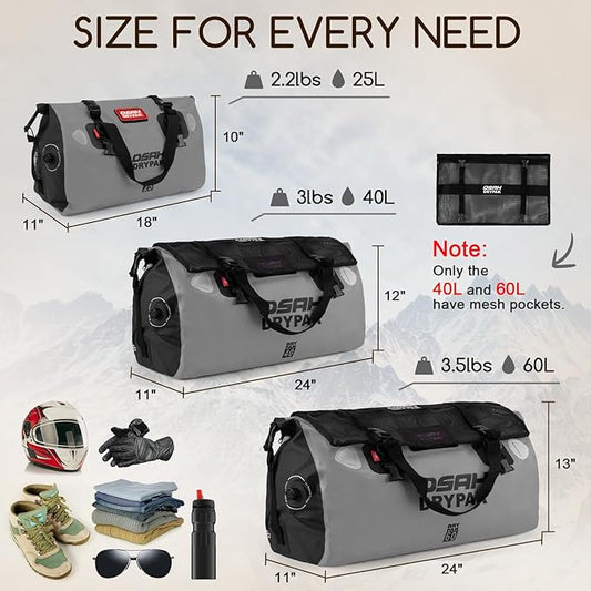 Waterproof Duffel Bag - Motorcycle Dry Bag Tail Bag with Large Storage Space, Waterproof Luggage Duffle Bags with Outer Mesh Zipper Pocket for Camping, Kayaking, Fishing & Traveling