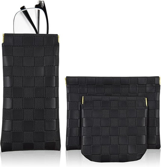 3PCS Small Makeup Bag for Women, Mini Cosmetic Bags Leather Pocket Pouch Purse,Snap Closure Waterproof Portable Bag,Checkered Storage Travel Bag for Lipstick Change Glasses Coin Cards (Black)