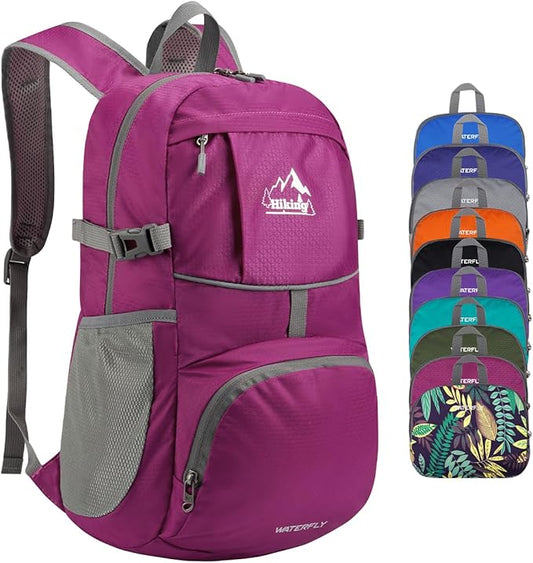 WATERFLY Hiking Packable Daypack Backpack: 25L Ultra Lightweight Day Pack for Woman Man - Small Compact Folding Back Pack for Outdoor Sport Cycling Camping Travel Trip - Rose red