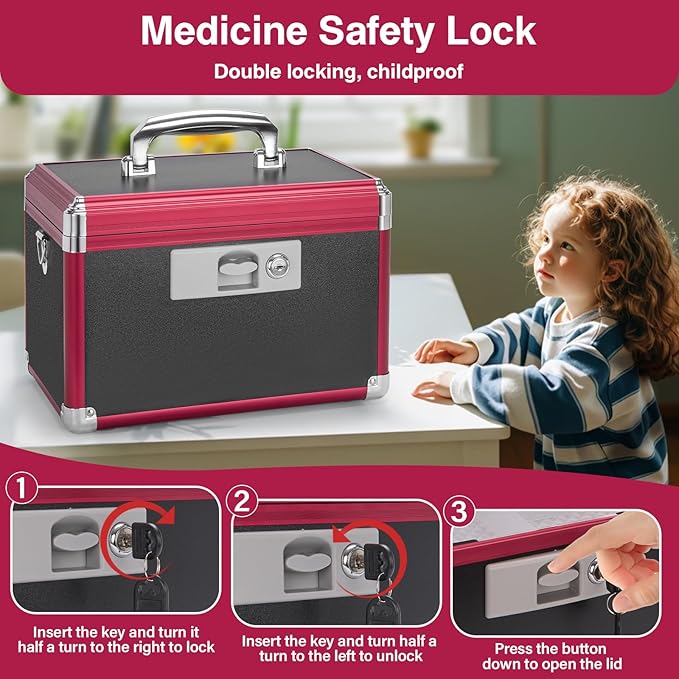 Medicine Lock Box for Safe Medication - 13.4 x 7.6 x 8.2 Inches - Lockable Storage Box for Drugs, First Aid Kit Empty, Lock Boxes with Key for Home/Outdoor (Black & Red/Large)