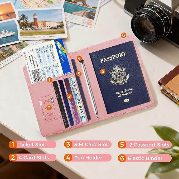 Cnycmy Passport Holder for Travel, Pu Leather Travel Wallet, RFID Blocking, Metal United States Coat of Arms, Waterproof cover for Family (Pink)