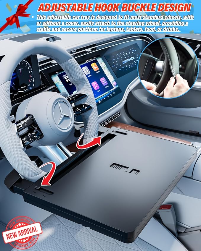 Portable Large Steering Wheel Tray Table for Car - Adjustable Laptop Holder Desk & Food Trays, Car Tray That Fits Over Steering Wheel Cover, Eating Food & Working, Driver Office Accessories