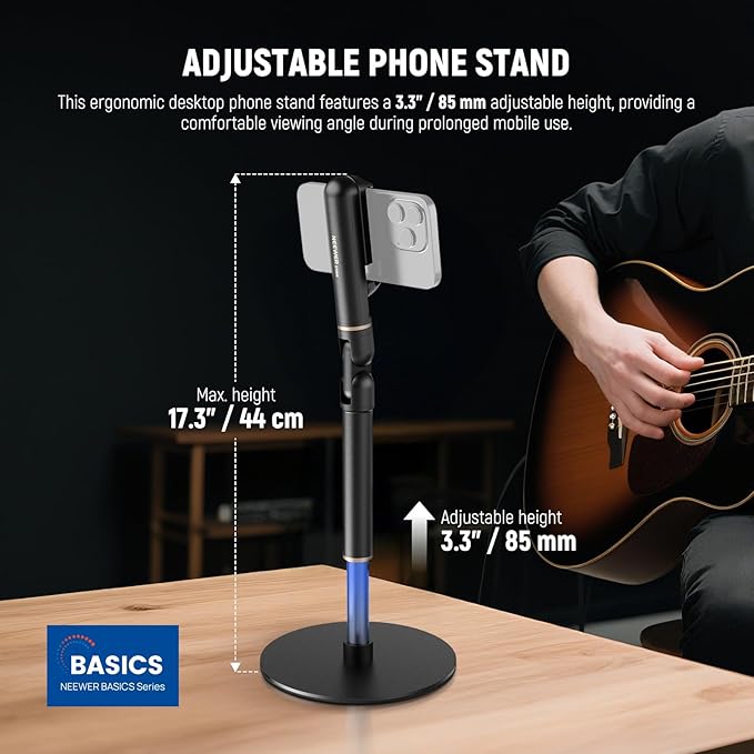 NEEWER Basics Cell Phone Stand for Desk, Adjustable Phone Holder Clamp with Weighted Metal Base, Office Table Phone Mount Compatible with iPhone 16 15 Pro Max Plus Samsung for Video Recording, ST006