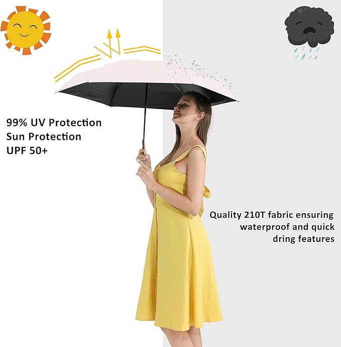 BAODINI Small UV Protection Travel Umbrella Compact for Rain and Sun UPF 50+ Windproof Portable 42 inch Umbrella for Women and Men