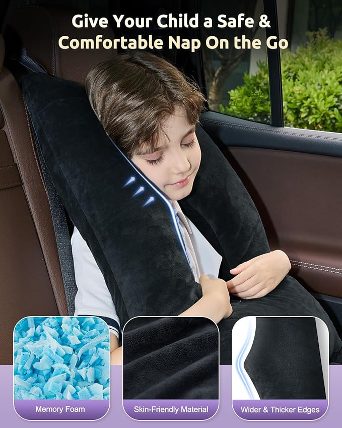 Car Pillow for Kids, Travel Pillow with Adjustable Strap, U-Shaped Pillow for Adults and Children to Support Head and Body Road Trip Essentials (Metal Black)