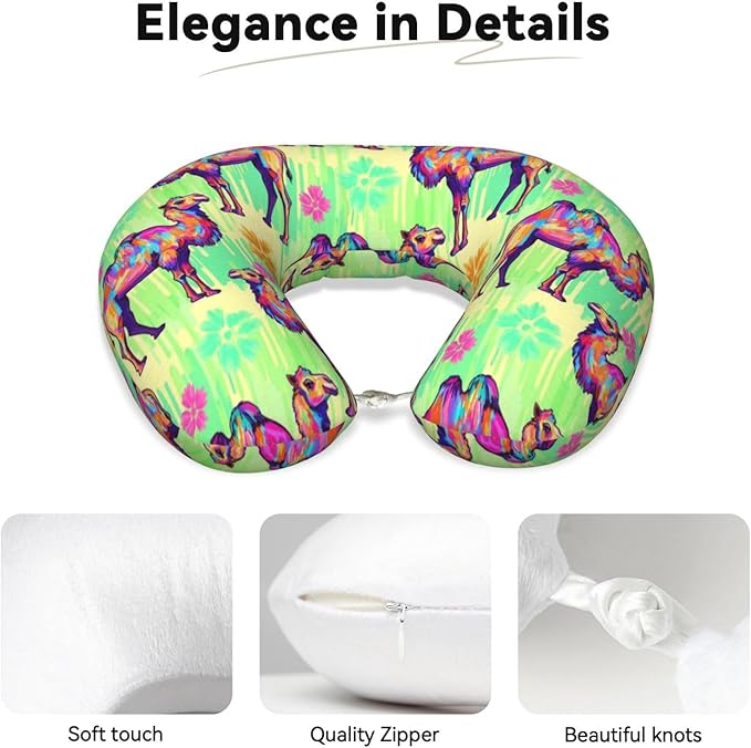 Neck Pillow Memory Foam Travel Pillows Comfortable for Airplane Flight Car Travel Office Nap and Sleeping, Funny Cushion for Head Shoulder Llama Alpaca Camels Watercolor Painting