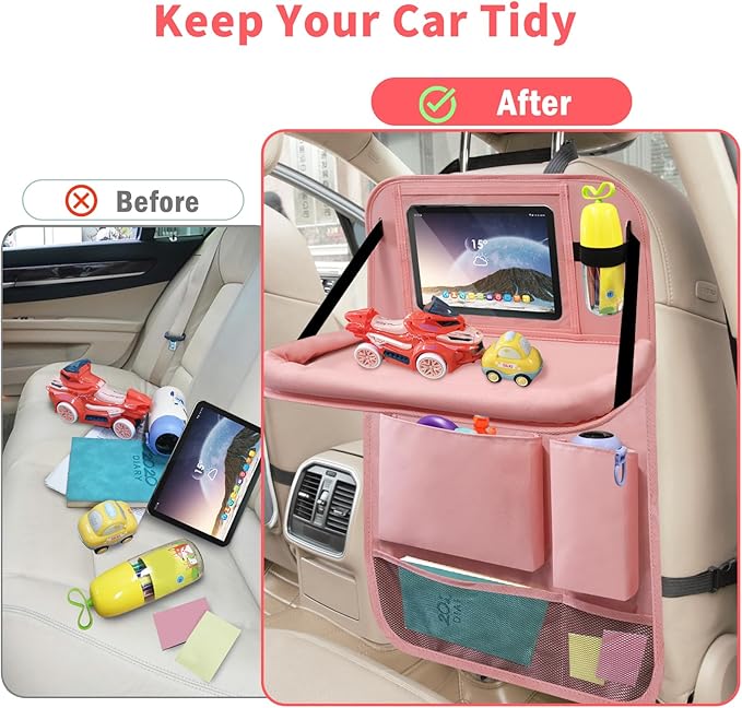 Etre Jeune Car Backseat Organizer with Tray, Seat Back Table Holder with 6 Storage Pockets, Car Seat Back Protectors Kick Mats Travel Accessories, 2 Pack Pink