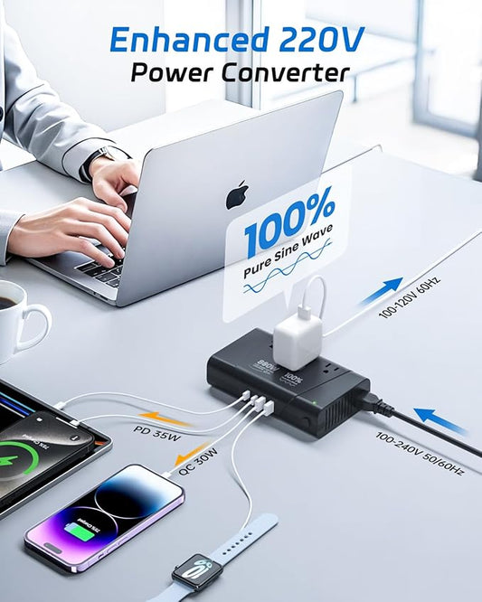 DOACE 220V to 110V Converter - 800W Voltage Converter US to Europe for Hair Straightener, Curler, Phone, Power Converter with 2 USB C & 2 USB A Ports, European Travel Plug Adapter UK, US, AU, EU