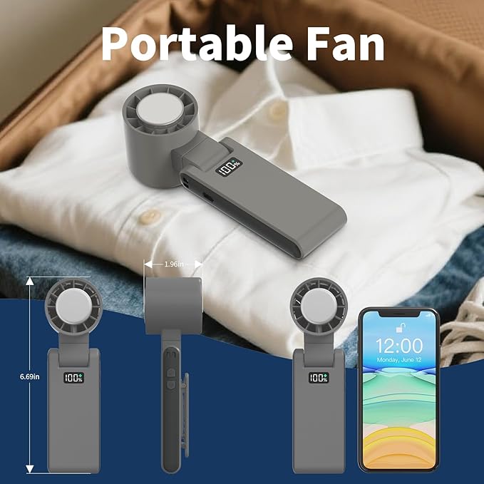 OTPEIR Portable Handheld Turbo Fan with Cooling Tech, Digital Display, 100-Speed Control, Rechargeable 4-in-1 Personal Fan for Travel, Outdoor, Office (Grey)