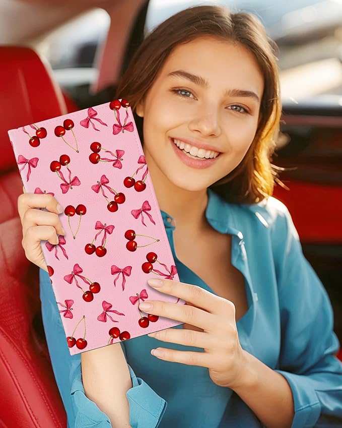 Slohif Car Registration and Insurance Holder - Cherry Vehicle Glove Box Organizer Women with Magnetic Shut Leather Automobile License Holders Coasters Auto Accessories Case for Document