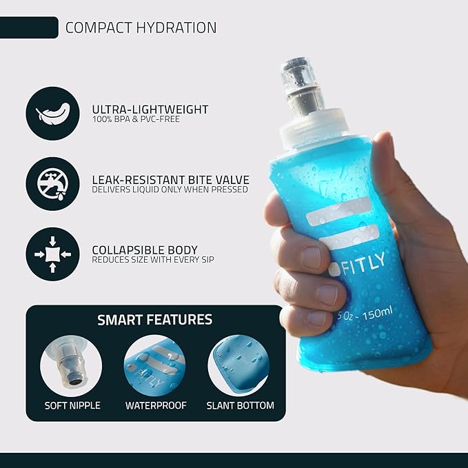 FITLY Soft Flask - Shrink As You Drink Soft Water Bottle for Hydration Pack - Folding Water Bottle Ideal for Running, Hiking, Cycling, Climbing & Rigorous Activity