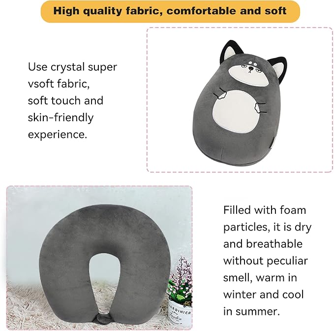 Kids Travel Pillow - 2-in-1 Deformable Kids Neck Pillow for Traveling, Soft U-Shaped Pillow with Adorable Animal Design, Comfy Sleep and Play, Ideal for Airplanes and Cars - Gray Husky