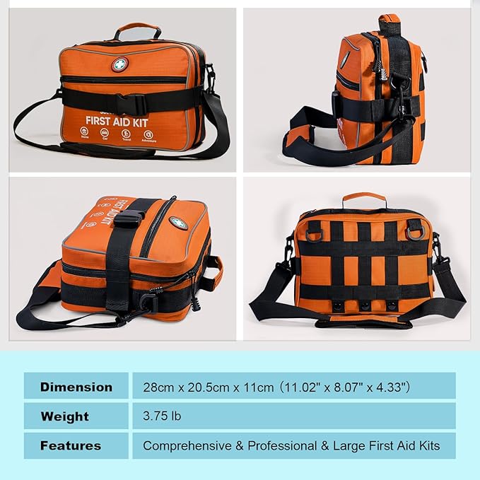 Professional 435 Pieces Large First Aid Kit - Includes CPR & Compressed Gauze - Compartments Emergency Medical Kit for Home, Camping, Backpacking, Travel, Boat, Car,Outdoors(Orange)