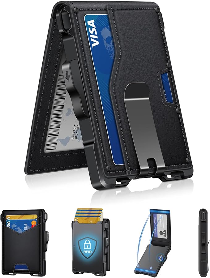 Wallet for Men, Minimalist Slim Mens Wallet with Money Clip, RFID Blocking Smart Pop Up Card Wallet with ID Window, Compact Bifold Wallet,Metal Aluminum Credit Card Holder