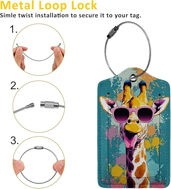 Funny Giraffe 3 Pack Luggage Tags, PU Leather Luggage Tags for Suitcase,Name ID Labels with Privacy Cover Suitcases and Metal Loop for Travel Bag Suitcase