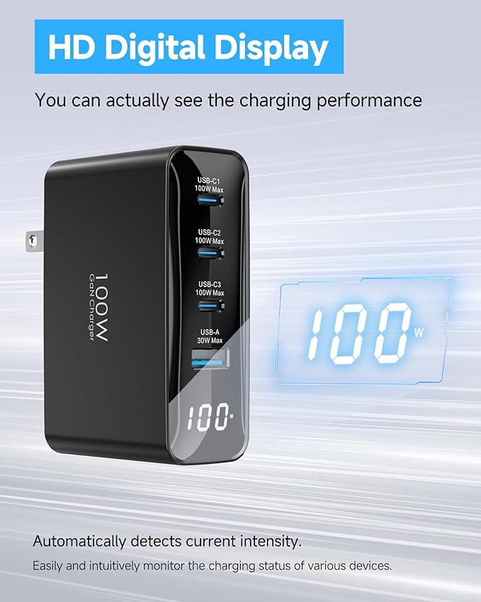 100W USB C Fast Charger, 4-Port PD Wall Charger with Led Display&Foldable Plug, Portable Laptop Charger for MacBook Air/Pro, ipad Air/Pro, for iPhone 16/16 Pro Max/15 Series, Galaxy S24/S23 Ultra