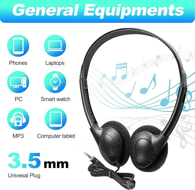 Hoteam 100 Pack Headphones for Classroom Bulk Students Adjustable Headphones Wired Pack Black Over The Head Earphones with 3.5 mm Plug for School Library Museums Charity Donate(Black)