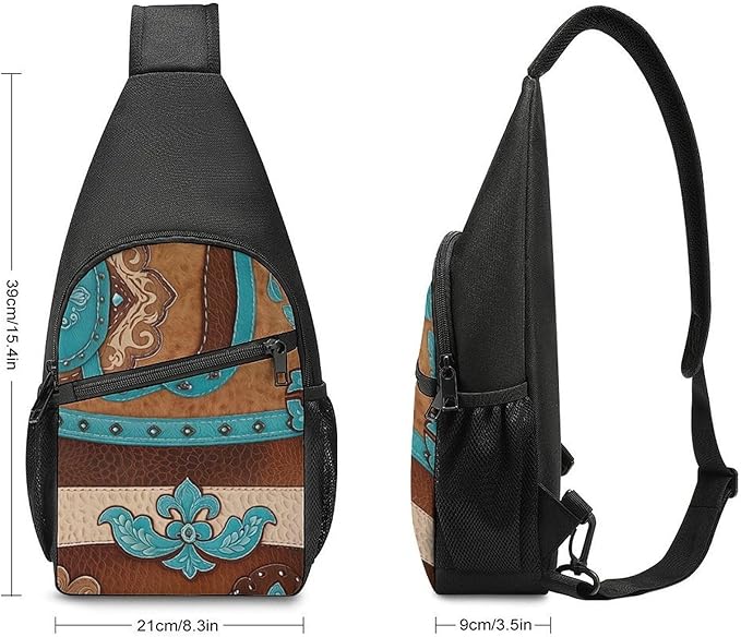 SWEET TANG Cute Sling Shoulder Backpacks Rustic Brown Teal Western Country Tooled Leather Bags Chest Sack, Anti Theft Crossbody Rucksack for Hiking Traveling Sports, Daypacks for Men Women
