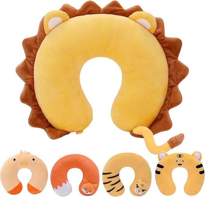 H HOMEWINS Travel Pillow for Kids,Cute Animal Neck Pillow for Boys Girls,Soft Neck Head Chin Support Pillow,Travel Accessories for Airplane, Car, Train,Recline(Lion)
