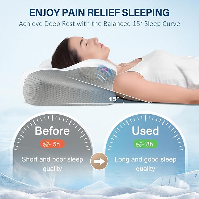 Effective Pain Relief Cervical Neck Pillow for Sleeping, Memory Foam Pillows for Neck Support, Odorless Contour Side Pillow, Ergonomic Bed Pillow for Back Stomach Sleeper (Gray)