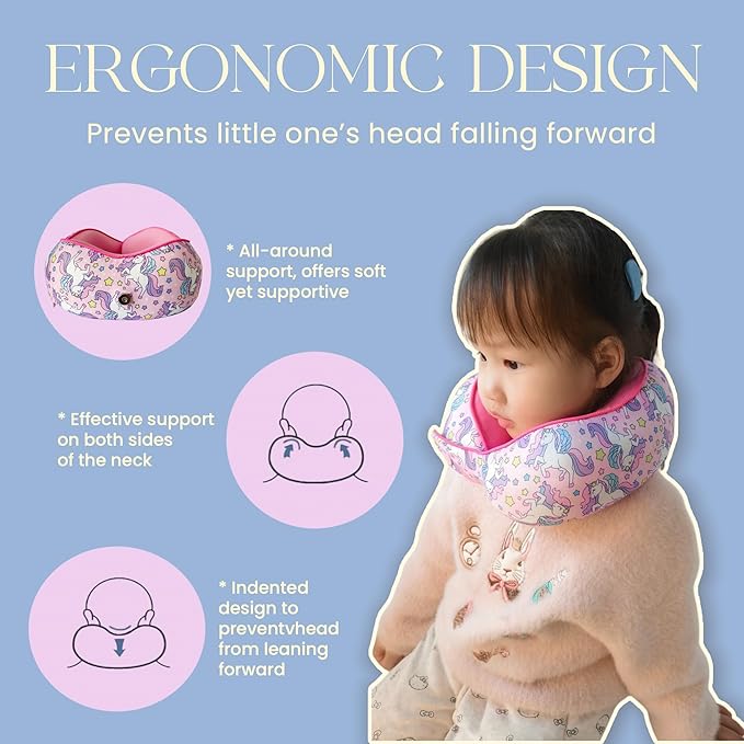 SKYTRAX® Certified Kids Safe Memory Foam Travel Neck Pillow for Kids and Toddlers, Cute Cartoon Design, Car Seat & Airplane Head Neck Support, Adjustable Snap Button, Washable Soft Cover (Unicorn)