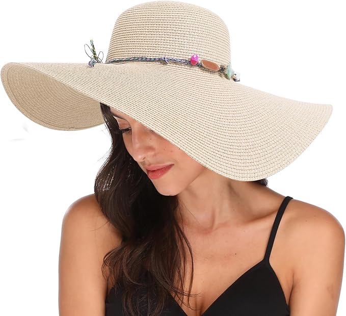 Lanzom Womens Wide Brim Straw Hat Big Floppy Foldable Roll up Cap Beach Sun Hat UPF 50+