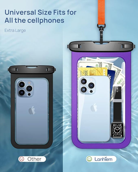 Lanhiem Large Waterproof Phone Pouch [Up to 10.5"] Universal IPX8 Waterproof Dry Bag with Lanyard for iPhone 16 Pro Max /15/14, S24 Ultra/ S23/ S22 Plus/ S23 FE, Moto G/Pixel 9 8 Pro, Black+Purple