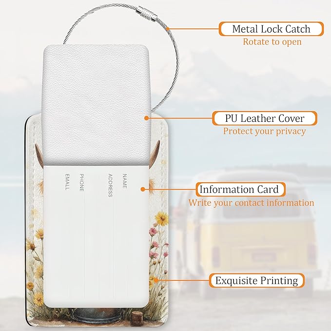 Highland Cow Luggage Tags for Suitcase 3 Pack, Privacy Cover ID Label with Stainless Steel Loop and Address Card for Travel Bag Suitcase