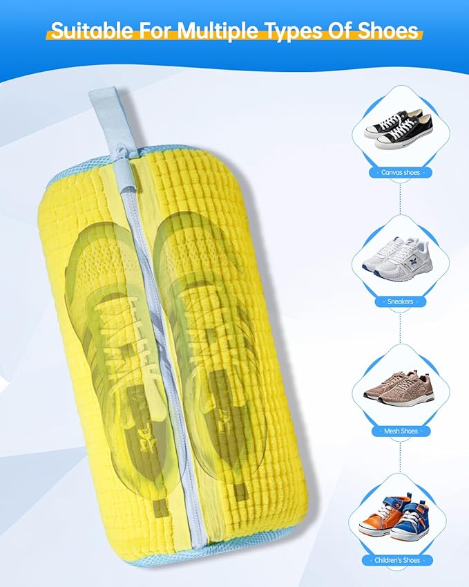 Shoe Washing Machine Bag – Reusable Laundry Shoe Bag for Washer and Dryer, Durable Chenille Microfiber with 360° Cleaning, Hidden Zipper Design for Sneakers, Tennis Shoes, Yellow