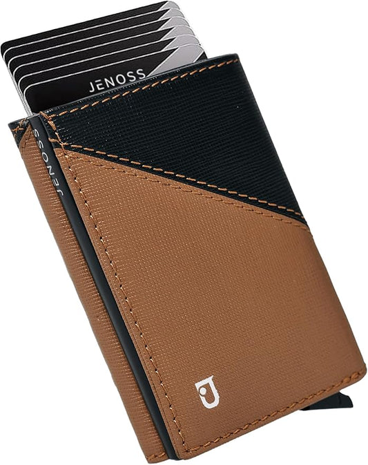 Jenoss Smart Wallet For Men: Full Grain Leather, Handcrafted, Slide Metal Pop Up Case, Slim RFID Blocking Credit Card Holder, Compact 12 Cards Slot Organizers, ID, Money Clip(Brown & Black)