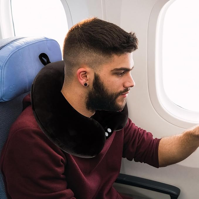 Sexysamba Pure Memory Foam Travel Pillow Set for Adults - Comfortable & Removable Machine Washable Cover, Neck Support Pillow Airplane Travel Kit with Eye Mask for Portable Plane Accessories - Black