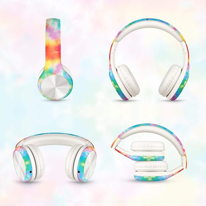 LilGadgets Connect+ Pro Wired Kids Headphones for School with Microphone, Volume Limiting Over-Ear Headset with Cord, SharePort Technology & SoftTouch Padding, Tie Dye Rainbow