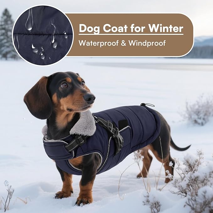 Queenmore XXXL Dog Coats for Extra Large Dogs Winter with Harness Built-in, Warm Waterproof Jacket Large, Cold Weather Outdoor Puffer Coat - Fleece Lining Hook & Loop Closure Reflective Easy On, Navy
