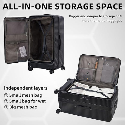 29 Inch Aluminum Checked Luggage with Side Opening Zipper, 40 * 37 * 77cm, 113L, Lightweight Hardshell ABS+PC Suitcase with TSA Lock, 360° Universal Wheels, Black