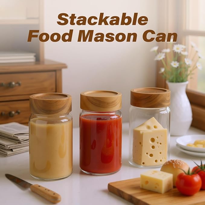 Zoaiirte 6-Pack 10 oz Airtight Food-Grade Glass Mason Jars with Acacia Wood Lids - Sealable, Waterproof & Stackable Canister Set for Overnight Oats, Dry Goods, Baking Supplies & Pantry Organization