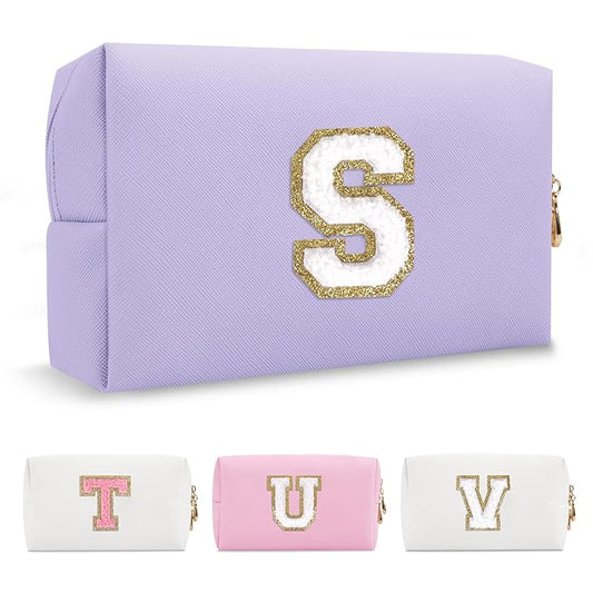 Personalized Makeup Bag Initial A-Z Preppy Patch Bag,Small PU Leather Travel Cosmetic Bag Pouch with Zipper,Purple Cute Toiletry Bag,Gift Ideal for Teen Girls Women Birthday Friend Mom,Latter S