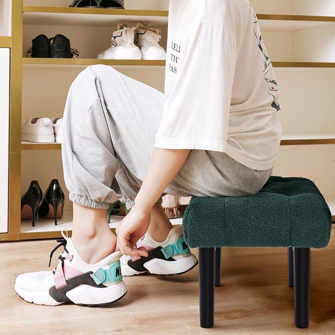 HOUCHICS Fur Padded Foot Stool, Small Ottoman Rest with Wooden Legs, Modern Rectangle Chair Rest for Living Room, Couch, Desk (Green)