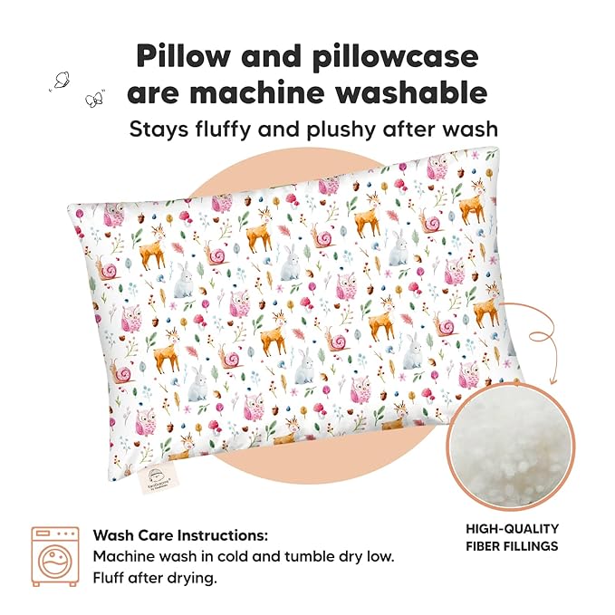 Toddler Pillow with Pillowcase - 13x18 My Little Dreamy Kids Travel Bed Pillows for Sleeping, Organic Cotton Small Pillowcase, Soft & Breathable, Machine Washable, Toddlers 2-5 years old (Forestland)