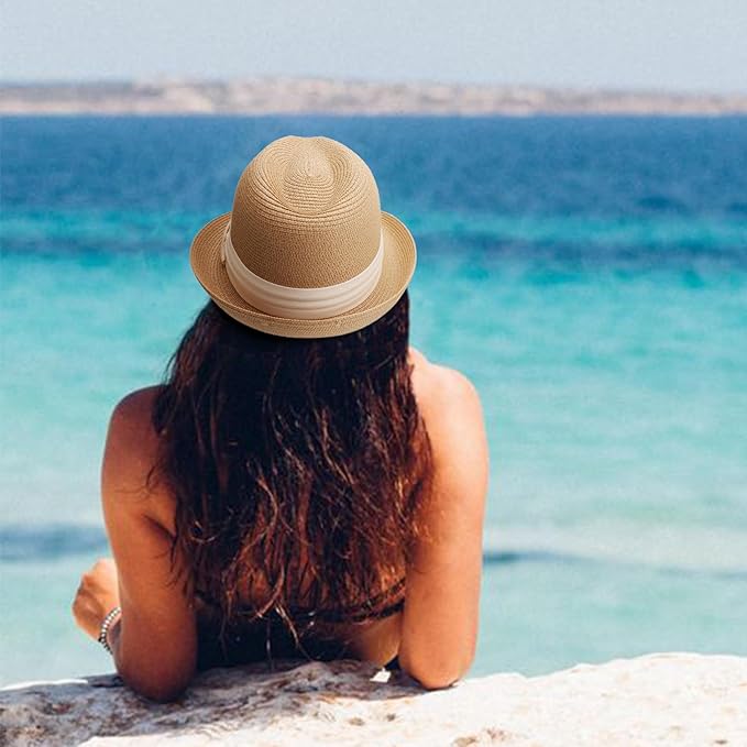 DRESHOW Women Straw Panama Hat Travel Fedora Beach Sun Hat Summer Wide Brim Straw Roll up Hat UPF 50+