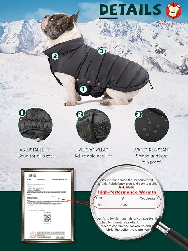 SPACE LION Dog Puffer Jacket, Down Winter Coat, Durable Outdoor Coat for Cold and Windy Conditions, Lightweight & Adjustable Fit Coats for Large Dogs,(Onyx Black, Size30/5XL)