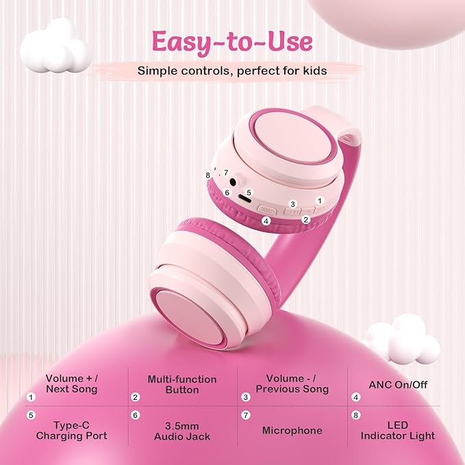 Kids Bluetooth Headphones with Active Noise Cancelling, Wireless Over-Ear Headphones for Boys Girls, Foldable, Adjustable, Safe Volume, 40H Playtime, Mic for School Travel(Pink)