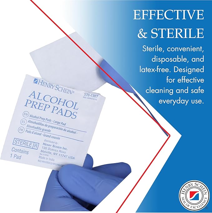 Henry Schein Large Alcohol Prep Pads (200/Box) - 70% Isopropyl Alcohol Wipes, Individually Wrapped - 2 ply, Textured - Skin Prep Alcohols Swabs - Sterile Pads