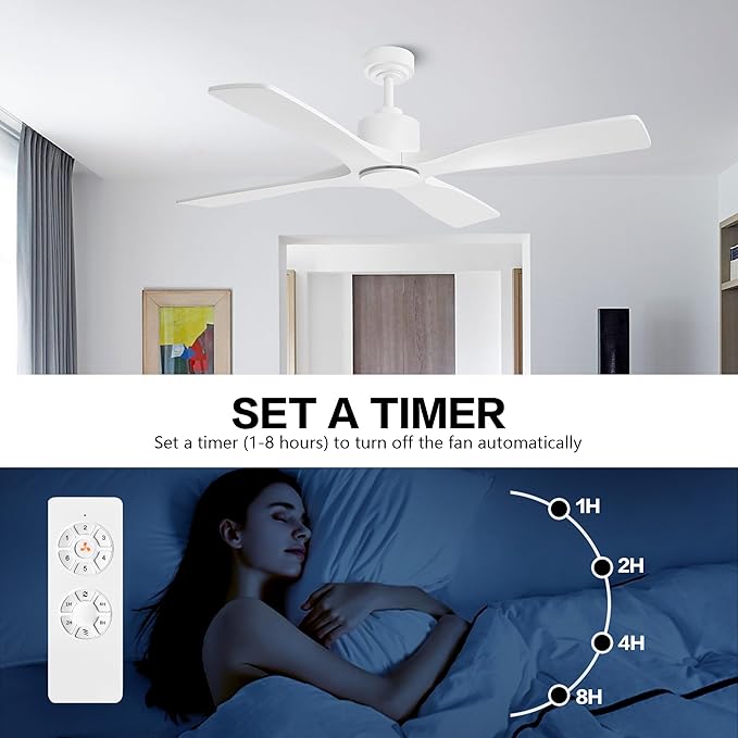 WINGBO 48" DC Ceiling Fan without Lights, 4 Carved Solid Wood Blades, 6-Speed Noiseless Reversible DC Motor, Modern Ceiling Fan No Light with Remote, Gloss White Finish with White Blades, ETL Listed