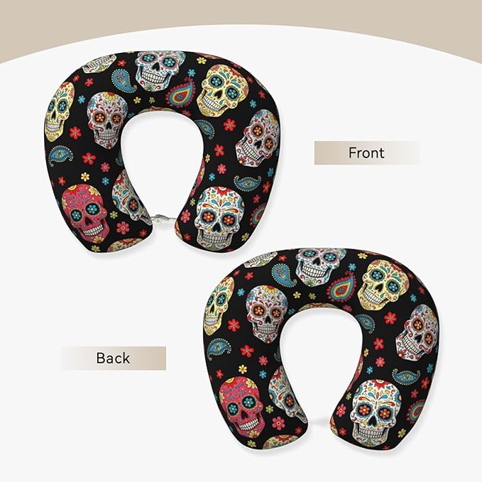 Travel Neck Pillow for Pain Relief Sleeping, Vintage Paisley Sugar Skull, Comfortable Memory Foam Chin Head Cushion Support with Zip Cover, Fashion Car Flight Pillows