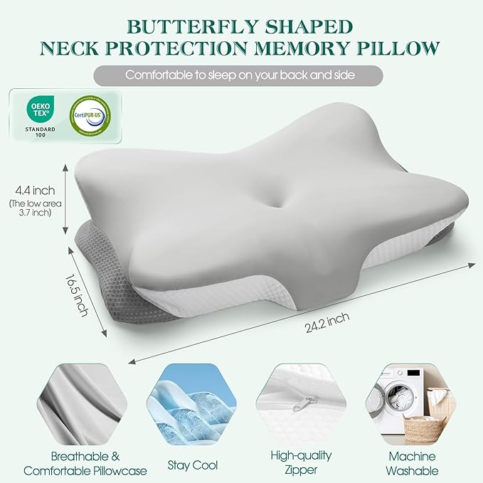 Cervical Pillow for Neck Pain Relief - Ergonomic Memory Foam Contour Pillows with Cooling Cover & Adjustable Heights, Orthopedic Cervical Pillow for Side, Back & Stomach Sleepers (Grey)