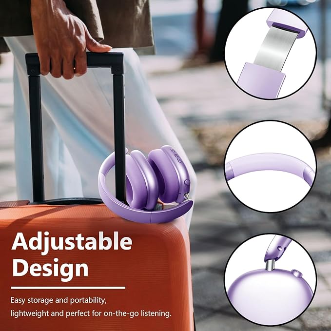 Wentronic Y01 Wireless Noise Canceling Headphones Bluetooth 5.3 Over Ear Headphones with Microphone, Hi-Res Audio, 48H Playtime, Foldable Comfortable Earpads,Compatible with iOS,Android,PC, Purple