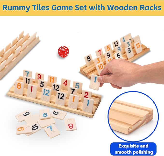 Upgraded Rummy Cube Game Set 4 Players, Travel Family Board Game for Adults and Kids Age 8+,Birthday Gifts for Women Men Dad Mom （108 Tiles+4 Racks ）